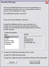 Screenshot of a certificate warning message when security services are enabled.