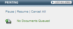 Screen capture of the Printing area on the webtop, showing the number of jobs currently in the print queue and the controls for managing print jobs